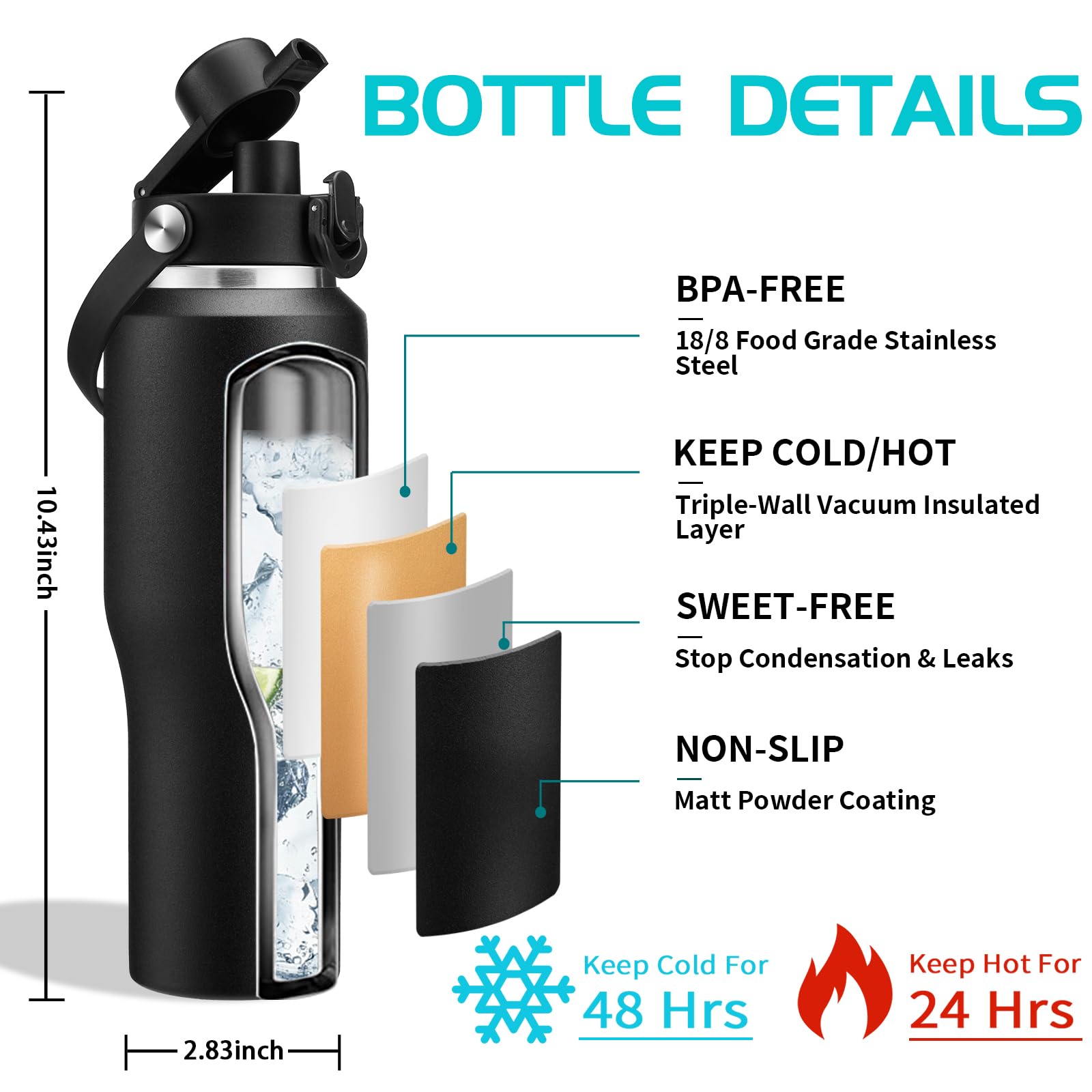 32Oz Insulated Water Bottle Tumbler With Straw - Auto Spout Lid, Protective Boot, Carrier Pouch, Vacuum Stainless Steel Water Bo